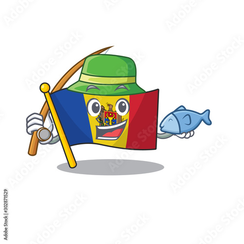 Mascot cartoon flag moldova in with fishing character