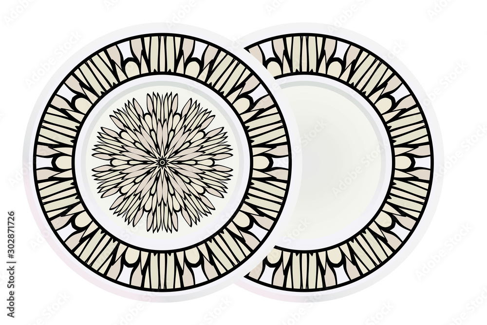 Fototapeta Matching decorative plates for interior designwith floral art deco pattern. Empty dish, porcelain plate mock up design. Vector illustration. White, grey color