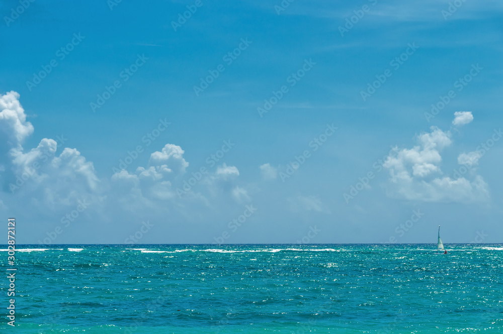 ocean coastline, emerald water, a small sailboat near the horizon