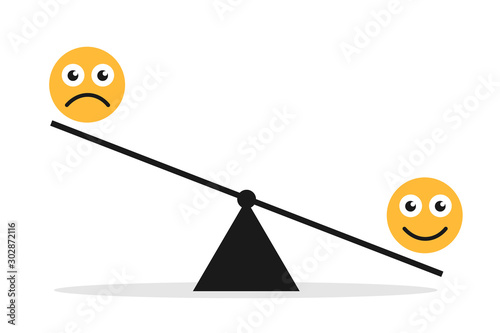 Happy and sad emoticons are comparing weight and power on scale and seesaw. Upper and lower position. Vector illustration isolated on white
