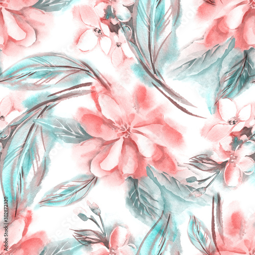 Watercolor Flowers Seamless Pattern. Hand Painted Background.