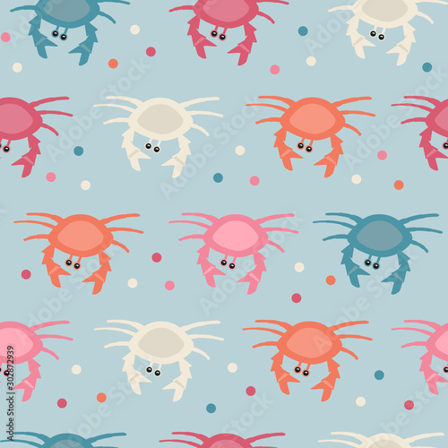 Vector seamless pattern with muted colors crabs on blue background. Print for fabric  wrapping papers  wallpapers  fabric  covers  scrapbooking. Great for baby clothes.