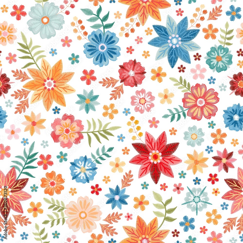 Bright seamless pattern with colorful embroidery flowers on white background. Vector summer design.