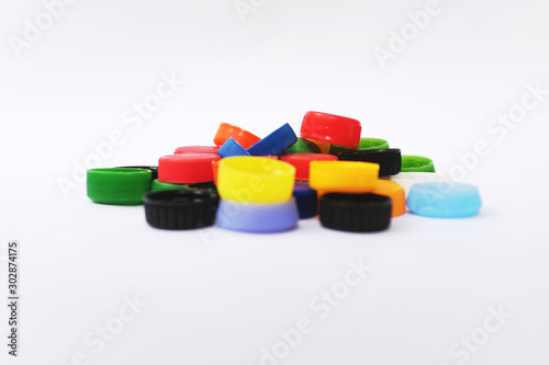 colorful plastic caps of PET bottles