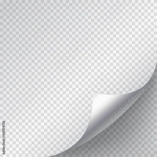 Page curl corner on blank sheet of paper. Vector fold sticker with flip edge isolated on transparent background.