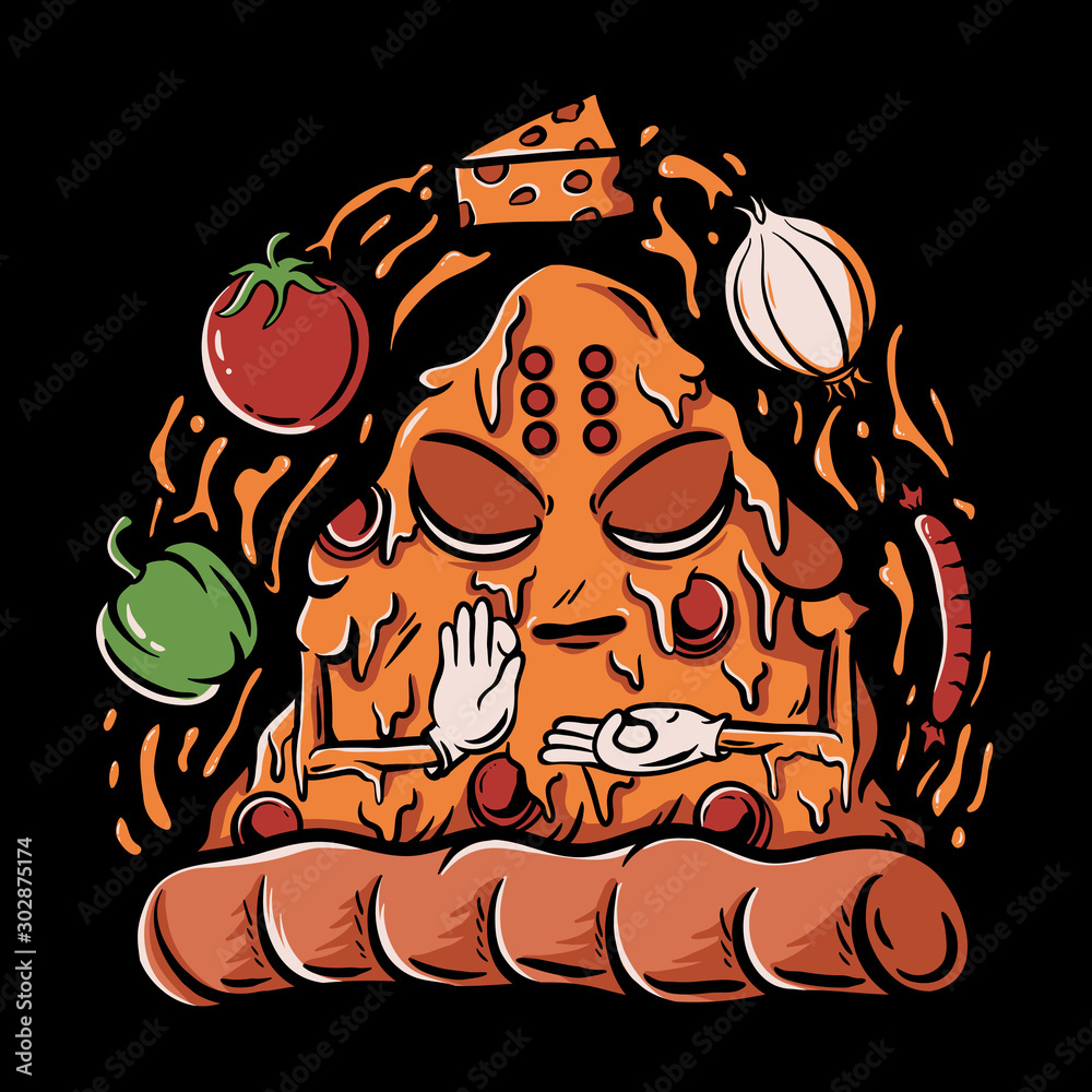 Pizza buddha illustration. Cartoon of meditation pizza with onion, cheese,  tomato, sausage,and paprika. Funny pizza character for t-shirt design,  sticker, poster, wall art, and phone case Векторный объект Stock | Adobe  Stock