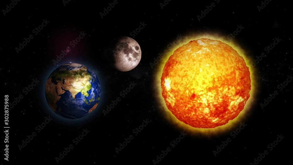 Black galaxy with Moon Sun and Planet Earth. Sunrise and sunset in space on Moon and Planet Earth. Sun Planet Earth and Moon rotating and approach in open space on the star Milky Way. 4k Black galaxy with Moon Sun and Planet Earth. Sunrise and sunset in space on Moon and Planet Earth. Sun Planet Earth and Moon rotating and approach in open space on the star Milky Way. 4k