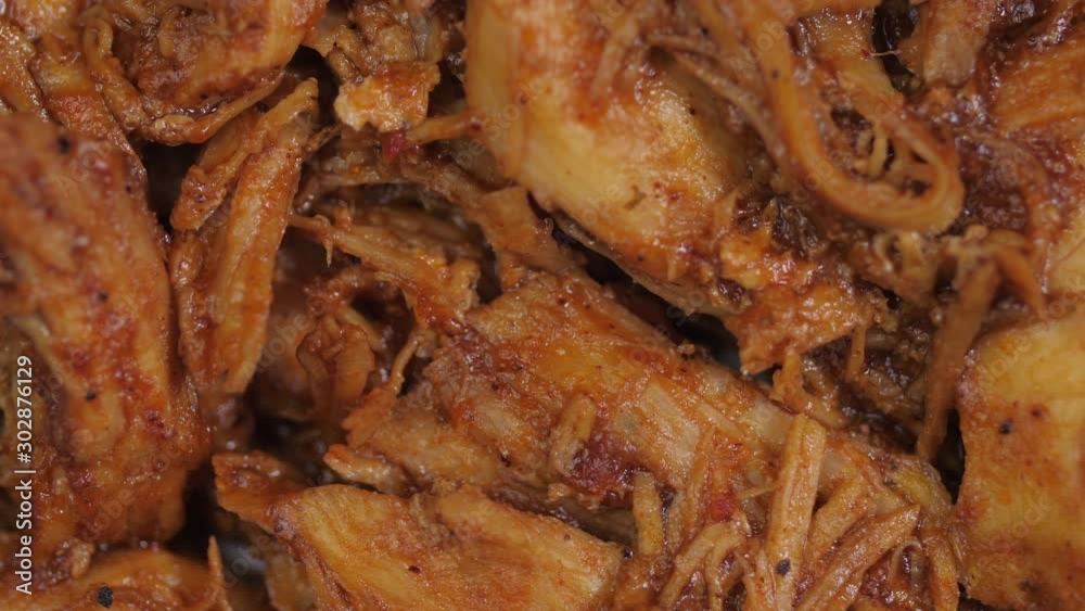 Pulled BBQ chicken close up spinning 02 Pulled BBQ chicken close up spinning 02