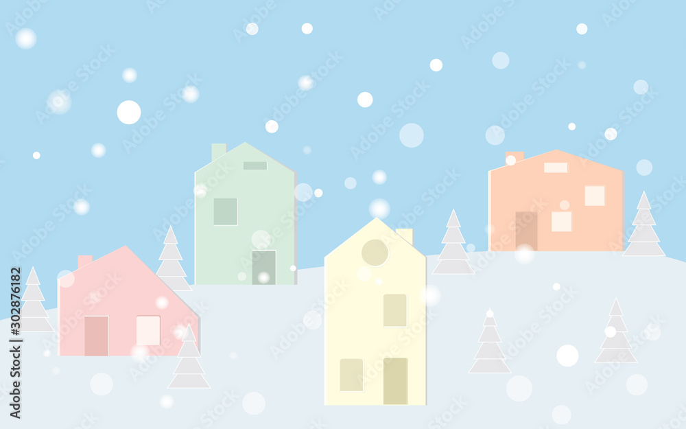 The town in the snow falling place in pastel color
