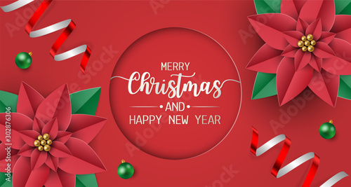 Merry christmas and happy new year greeting card, postcard, poster with balls, red poinsettia flowers and snow on red background. Vector illustration