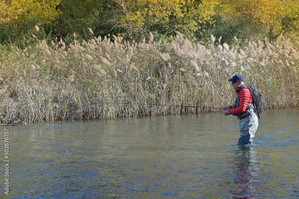 fly fisherman in autumn and fast river