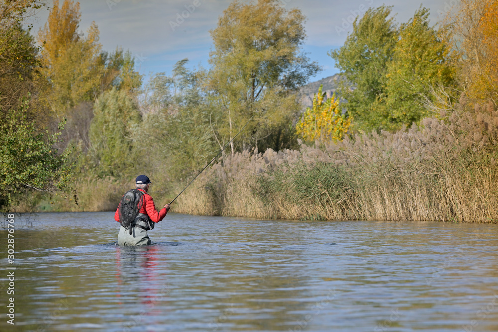 fly fisherman in autumn and fast river