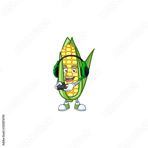 Cartoon corn sweet with the character bring gaming
