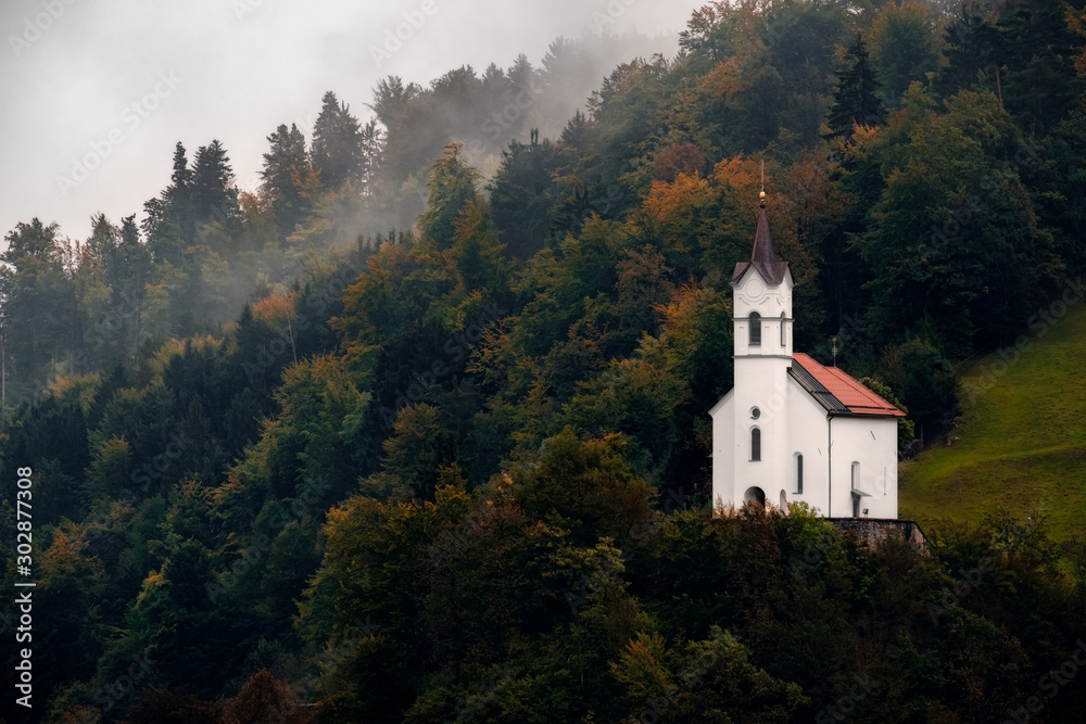 Scenic view of small church on a hill among trees, Slovenia