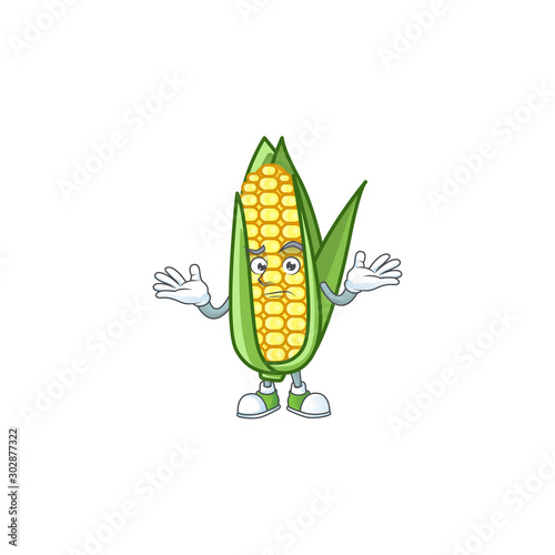 Cartoon corn raw with the character grinning