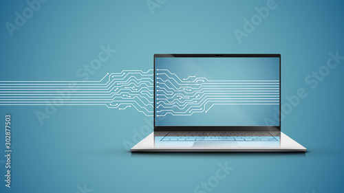 Realistic laptop with electric circuit map, vector illustration