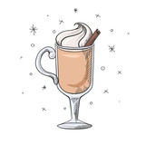 Eggnog with cinnamon and whipped cream. Sketch of a Christmas treat. Festive gogol mogol with decorations. Vector element for menus, recipes, cards and your creativity.