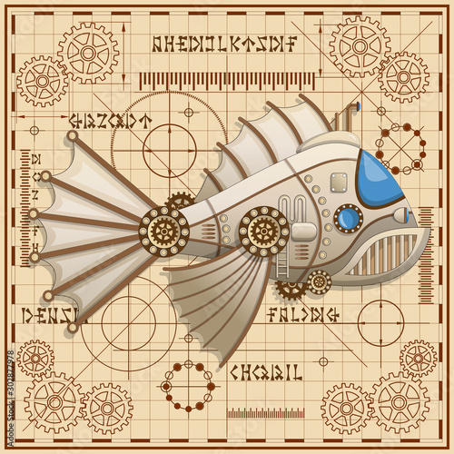 Scheme of an ancient submarine. Side view. Vector illustration.
