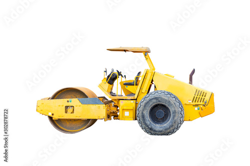 motor vehicle or heavy roller or steamroller for road making or street - highway construction isolated on white background with clipping path