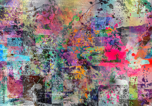 abstract multicolored splashes with geometrical figures and pattern, digital illustration