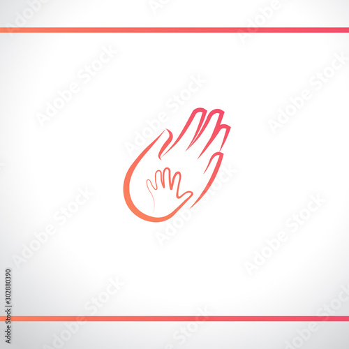 Hands baby and adult. Mother and child. Father and baby. Parent and kid. Maternity, parenting or help for children. Logo design template