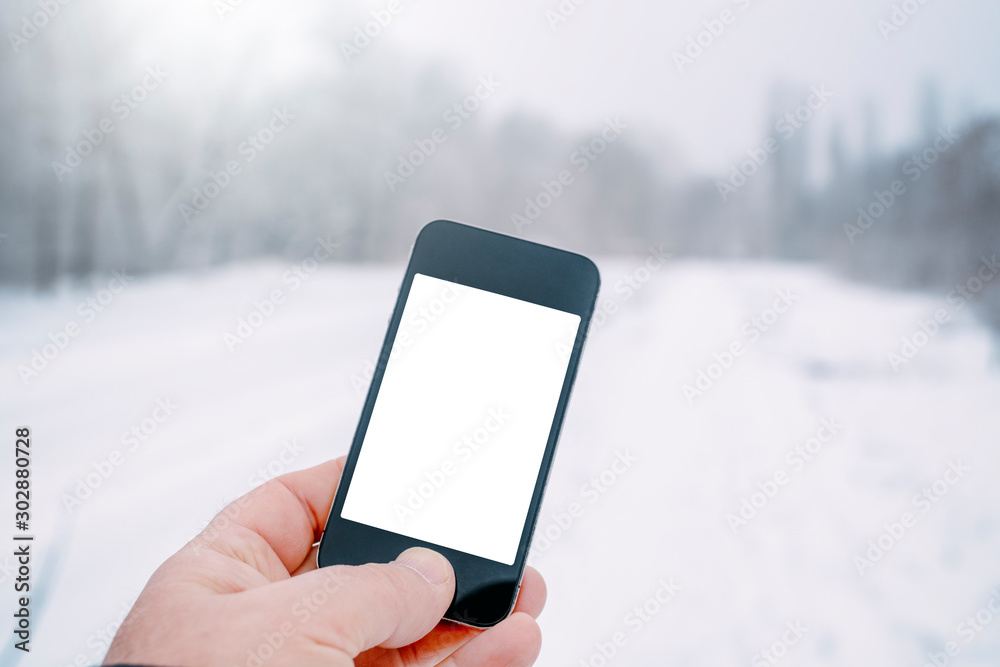 hand with mockup smartphone in winter forest