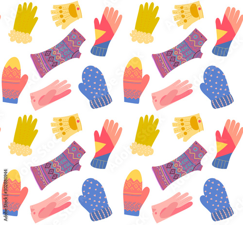 Various gloves with different prints. Hand drawn vector seamless pattern. Eps 10.