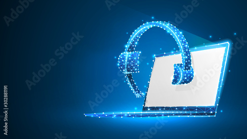Headphones with microphone on a white laptop screen. Online consultation, problem-solution concept. Abstract digital wireframe, low poly mesh, polygonal vector blue neon 3d illustration. Line dot