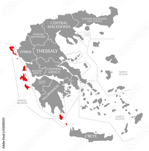 Ionian Islands red highlighted in map of Greece