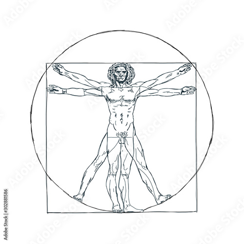 The Vitruvian man, Leonardo's man. Detailed drawing ink