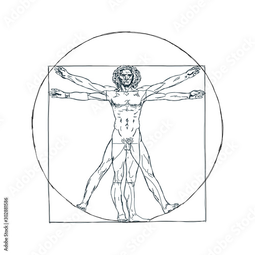 The Vitruvian man, Leonardo's man. Detailed drawing ink