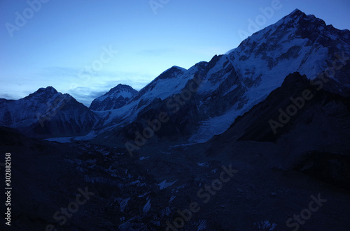 Everest base camp trek. Khumbu glacier with view of Nuptse (7861 m). Early morning before sunrise in Himalayas mountains, Sagarmatha national park, Solukhumbu, Nepal
