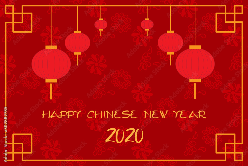 Postcard with Chinese New Year 2020 Lanterns on red background