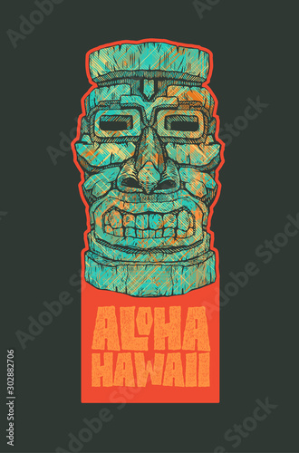 Aloha Hawaii. Hand lettering with tiki mask. typography, t-shirt design, vector illustration.