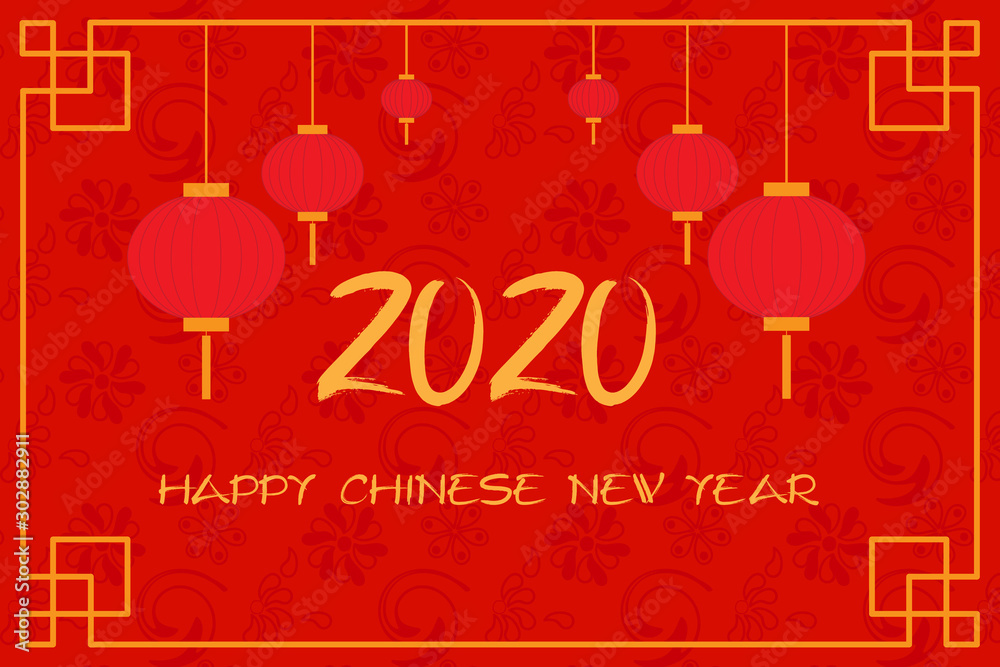 Postcard with Chinese New Year 2020 Lanterns on red background