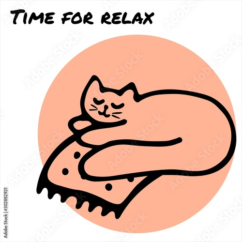 Hand drawn card. The cat that lies on the plaid. Text Time for relax