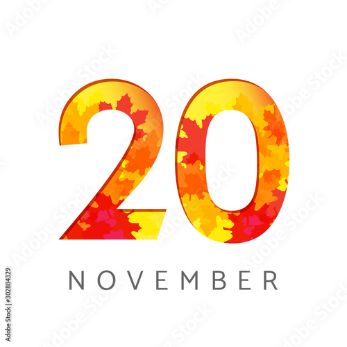 20 th of November calendar numbers. 20 years old autumn logotype. Anniversary digits with leaves. Isolated abstract graphic design template. White background. Up to 20% percent off creative discount.
