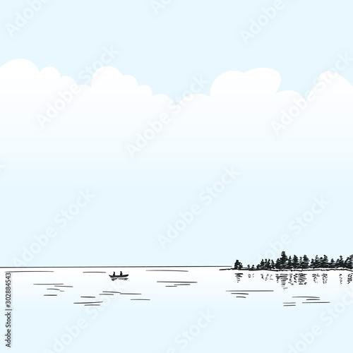 Sketch of calm lake with couple on boat far in water and forest with reflection, Hand drawn nature landscape vector illustration