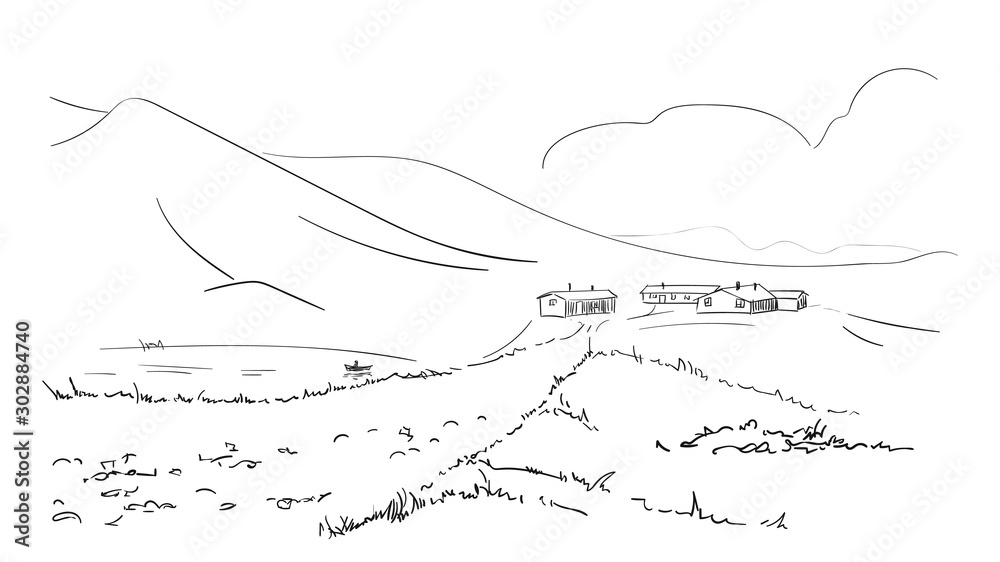 Sketch of small village with lake in mountains, Hand drawn illustration Sketch of small village with lake in mountains, Hand drawn illustration