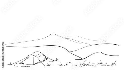 Sketch of camping tent in nature, Hand drawn linear illustration