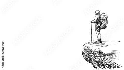 Sketch of hiker with big backpack on top of mountain cliff, Hand drawn vector illustration
