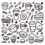 Monochrome Coffee set. Doodle style set of coffee tableware and sweet snacks. Exellent for menu design and cafe decoration. collection of coffee tableware and snacks. Cartoon style illustration.