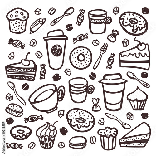 Monochrome Coffee set. Doodle style set of coffee tableware and sweet snacks....