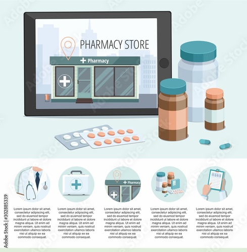 Medicine pills. Facade of pharmacy store isolated on digital tablet. Set medicine icon.