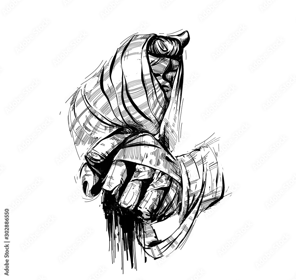 Boxing hand wraps. Hands after the fight. Ink hand draw illustration