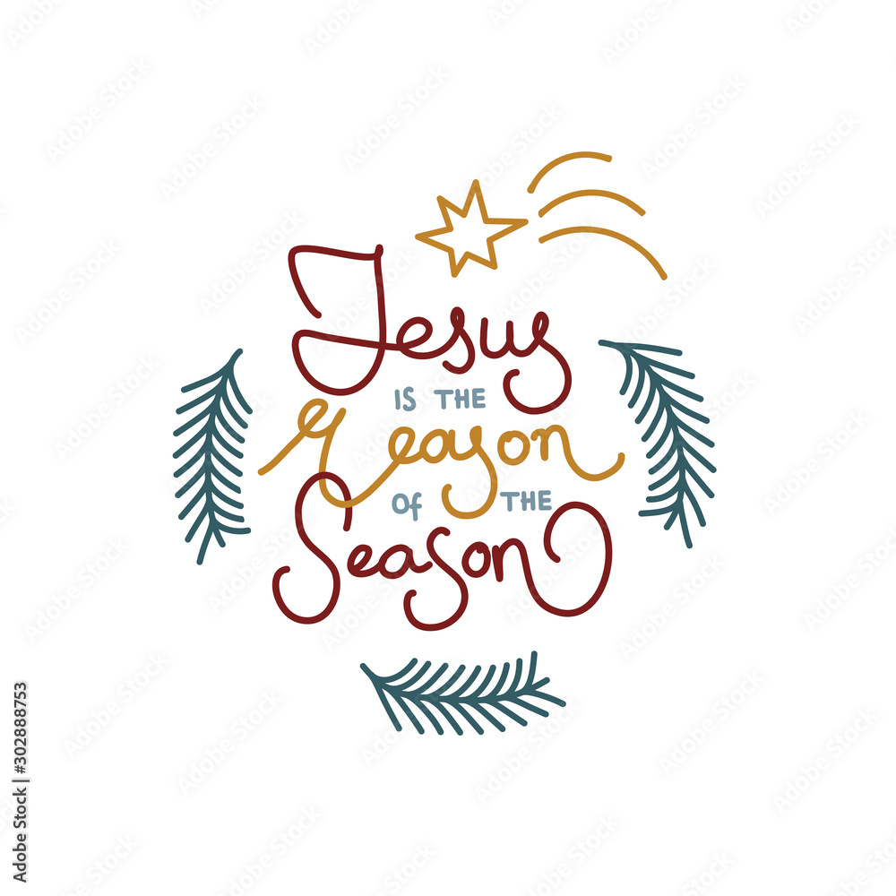  Minimal Christmas greeting card with hand lettering Jesus is the reason for  the season, star and christmas tree branches.