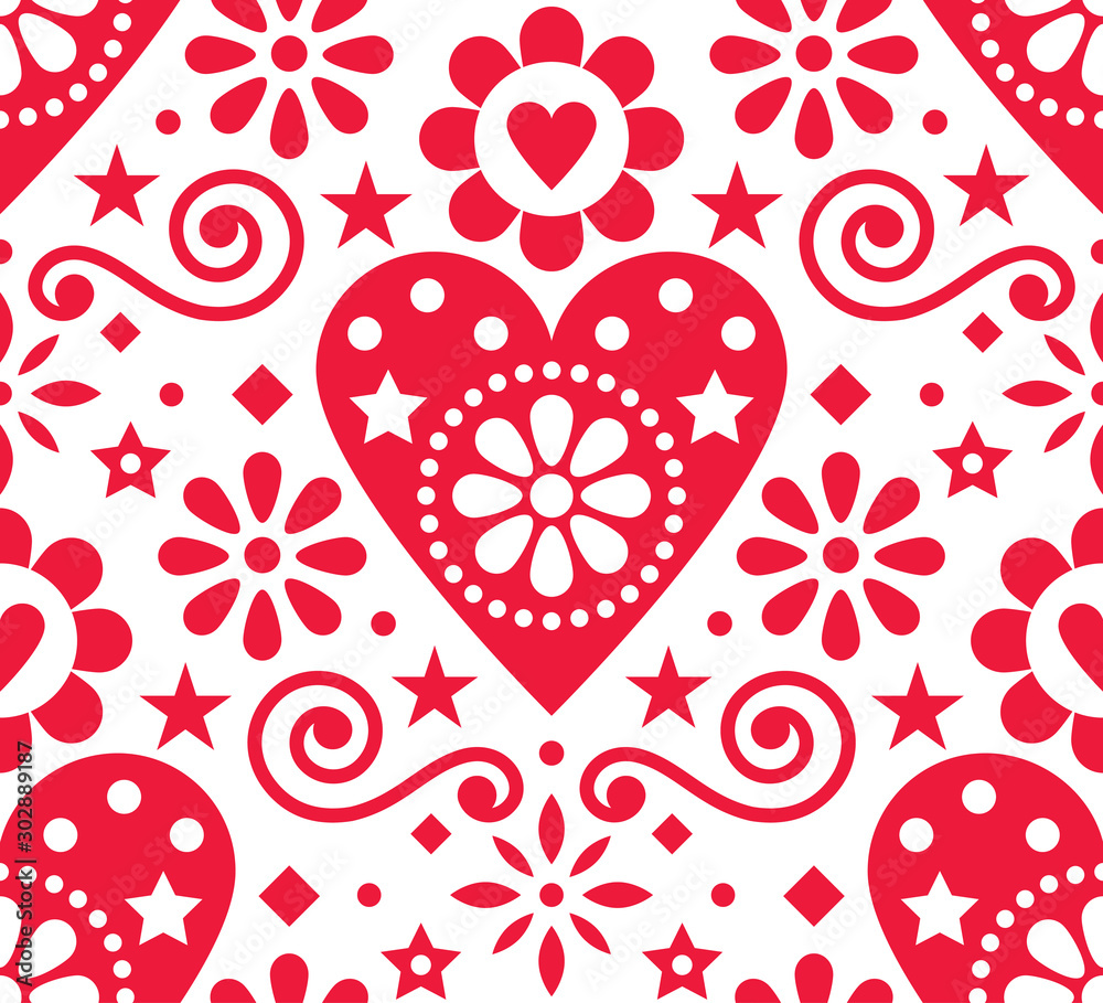 Valentine's Day folk art vector seamless pattern - Scandinavian style design with hearts and flowers 