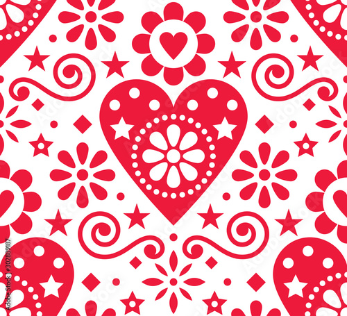 Valentine's Day folk art vector seamless pattern - Scandinavian style design with hearts and flowers 