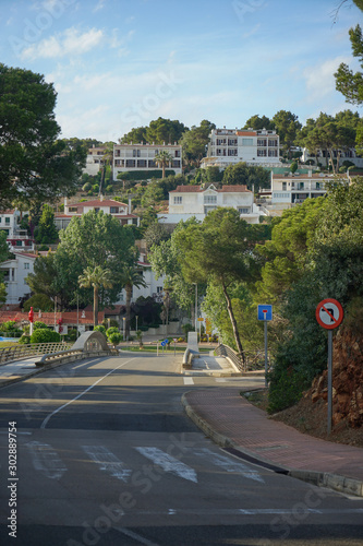 View of Traditional Spanish street in city of island Menorca