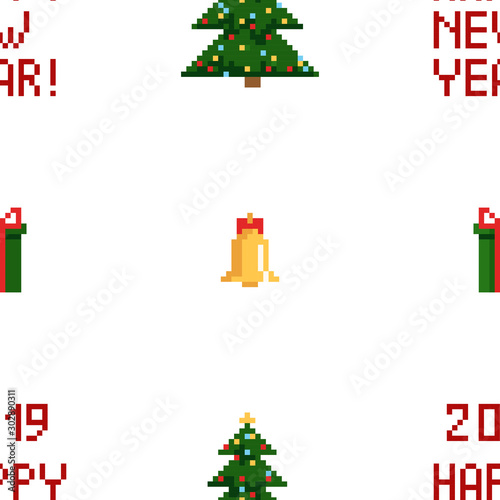 Colorful Pixel Pattern with Christmas Elements. Atcade games style